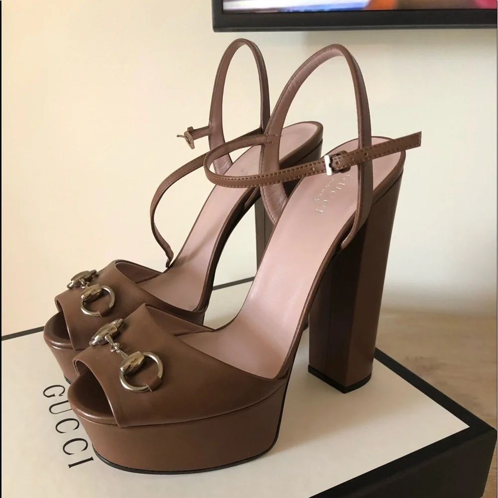 Gucci | Shoes | Gucci Brown Leather Horsebit Block Heel Sandals